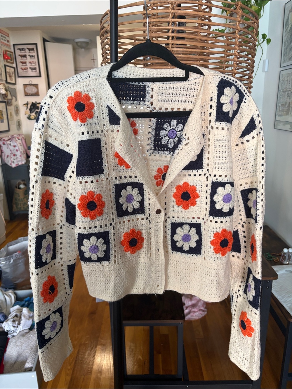 Cream Crochet Floral Cardigan Sweater with Orange & Purple Flowers